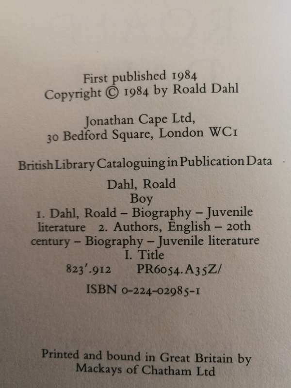 BOY ROALD DAHL Jonathan Cape 1984 hardcover