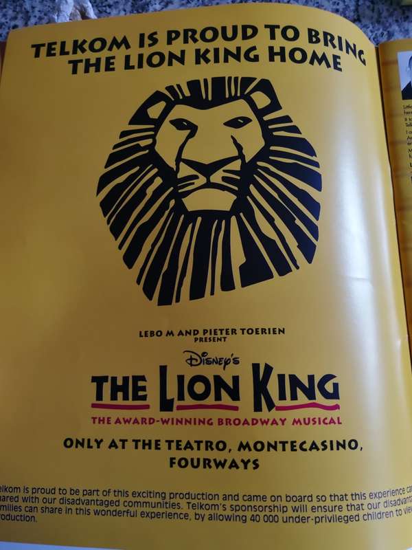 PROGRAM THE LION KING  ( SOUTH AFRICA Theatre production Montecasino 2007  )