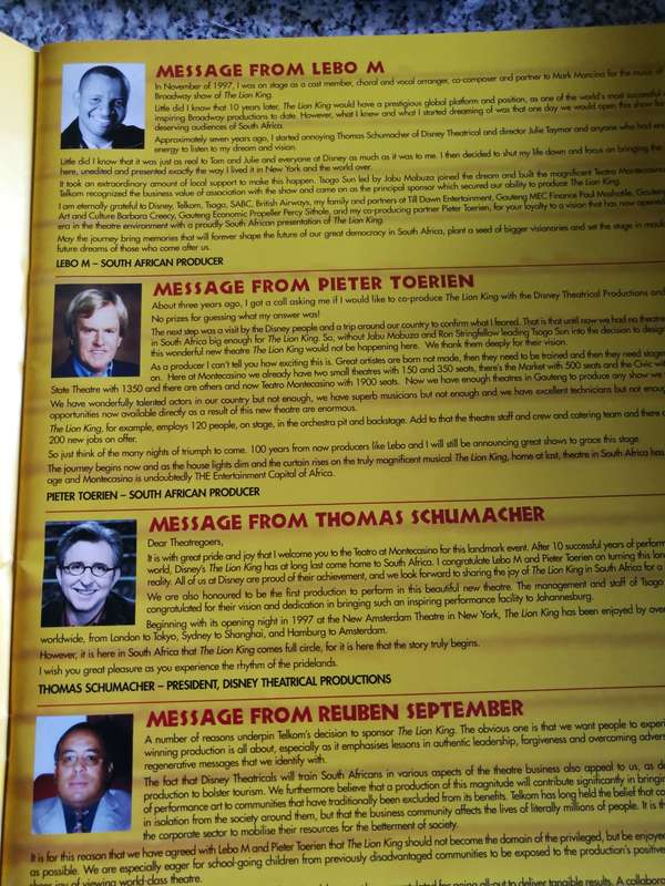 PROGRAM THE LION KING  ( SOUTH AFRICA Theatre production Montecasino 2007  )