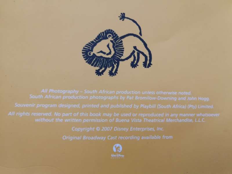 PROGRAM THE LION KING  ( SOUTH AFRICA Theatre production Montecasino 2007  )