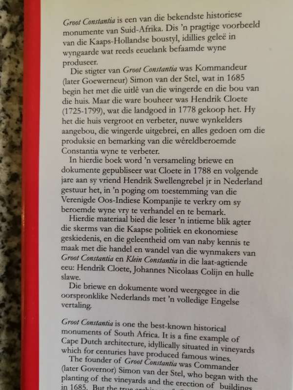 HENDRIK CLOETE GROOT CONSTANTIA en die /and the VOC 1778 - 1799 Van Riebeeck Soc. Second Series