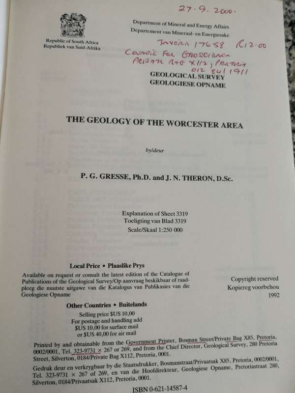 S. Africa WORCESTER GEOLOGICAL SURVEY EXPLANATION SHEET 3319 P G GRESSE J N THERON geology