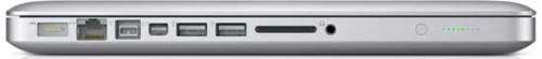 The 13 inch MacBook Pro's ports are located on the left side of the body and include an Ethernet jack, a FireWire 800 port, a mini-DisplayPort connector, two USB 2.0 ports, an SD-card slot, and a headphone jack.