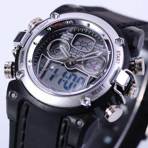 OHSEN Military Silver Dual Time Digital Alarm Date Mens Sport Rubber Wrist Watch