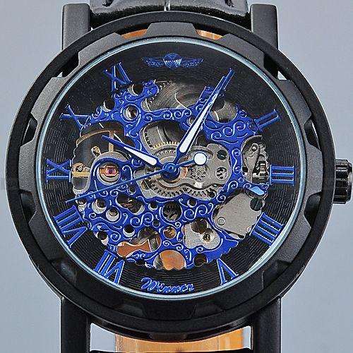 Awesome unusual Mens Silver Case Transparent Mechanical Skeleton Black Leather Band WatchLocal Stock