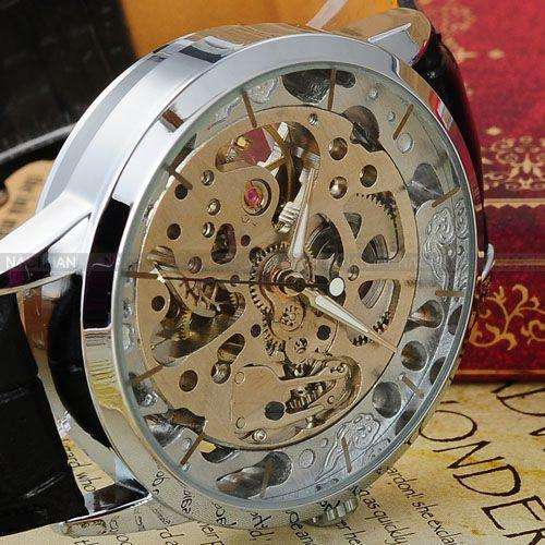 Awesome unusual Mens Silver Case Transparent Mechanical Skeleton Black Leather Band WatchLocal Stock
