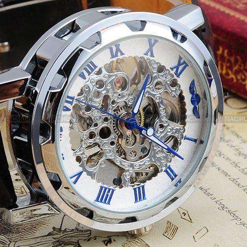 Awesome unusual Mens Silver Case Transparent Mechanical Skeleton Black Leather Band Watch