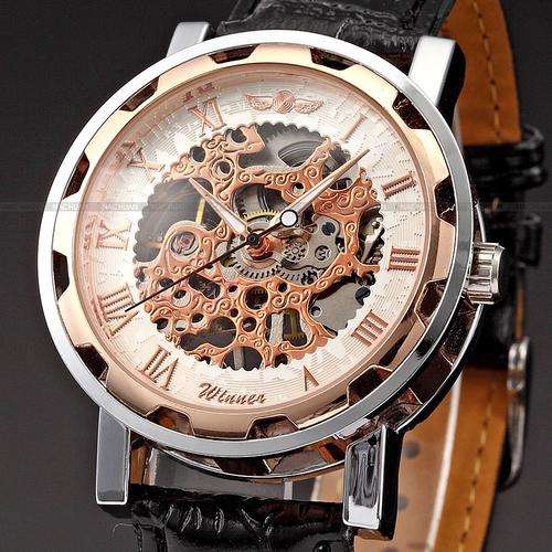 Awesome unusual Mens Silver Case Transparent Mechanical Skeleton Black Leather Band Watch