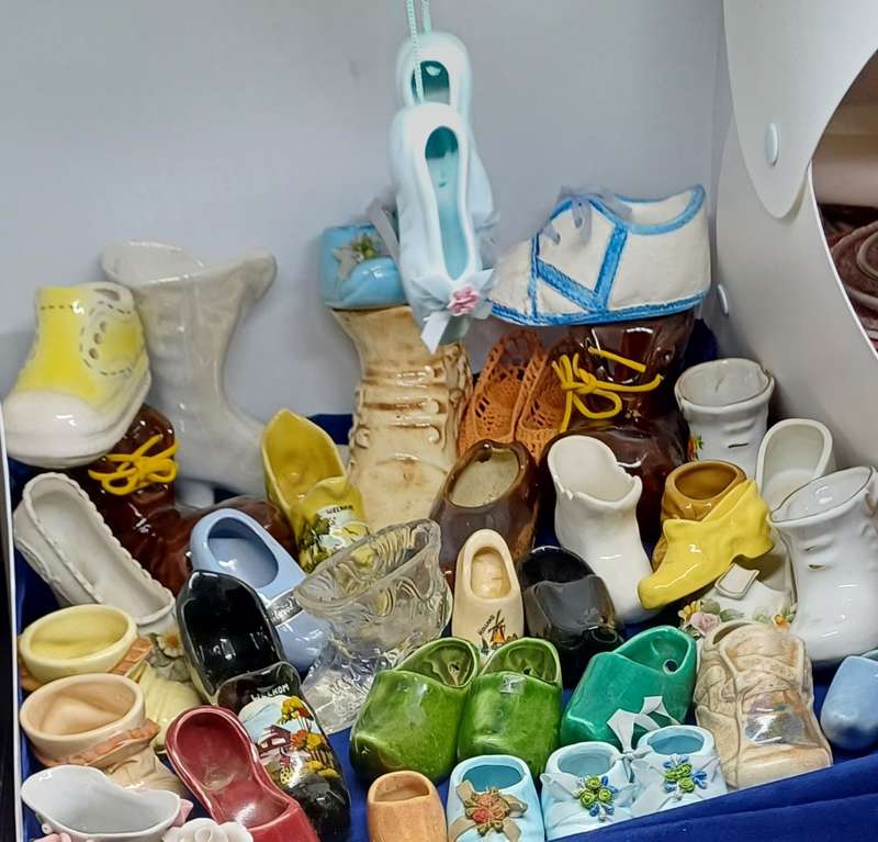 Collection of porcelain , pottery glass shoes