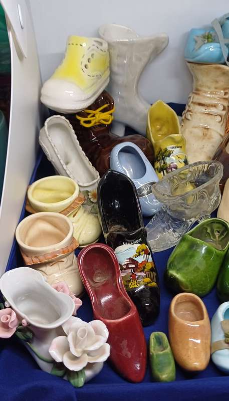 Collection of porcelain , pottery glass shoes