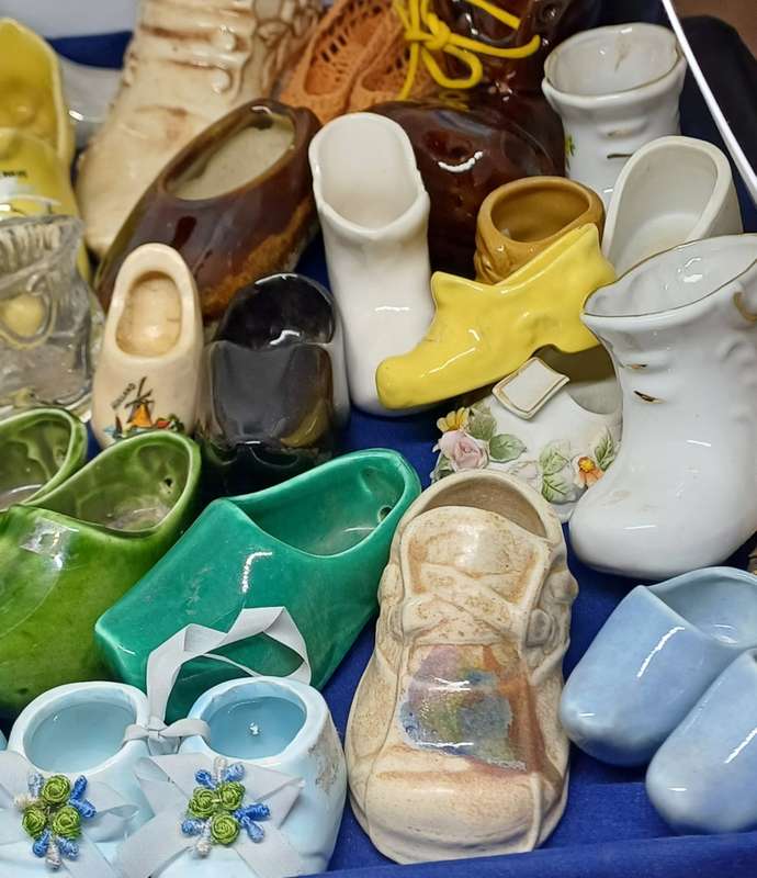 Collection of porcelain , pottery glass shoes