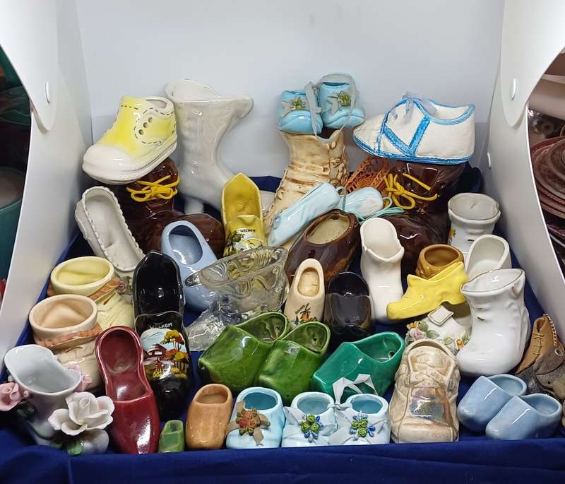 Collection of porcelain , pottery glass shoes