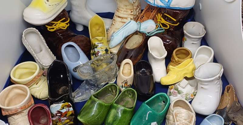 Collection of porcelain , pottery glass shoes