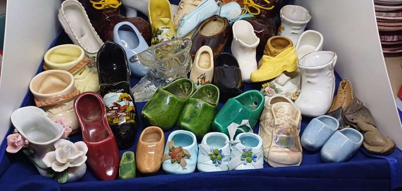 Collection of porcelain , pottery glass shoes