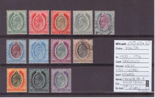 Malta Stamps, 1903-1914, KEVll, MLH + 2 x USED, Set - Mixed. Estimate Cat £140/R3360.  Ask R850
