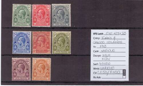 Turks & Caicos Islands Stamps, 1913, KGV, MLH, SG: Mixed lot. CV: £50/R1150.00