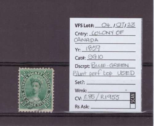 Colony of Canada stamp, 1859, Blue-green, , Blunt perfs top, USED, Cat: £85/R1955.00 Ask R485