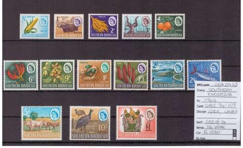 Southern Rhodesia Stamps, QEll, 1964, UMM, SACC: 94-107, Full Set of 14, No Wmk, CV: R1380