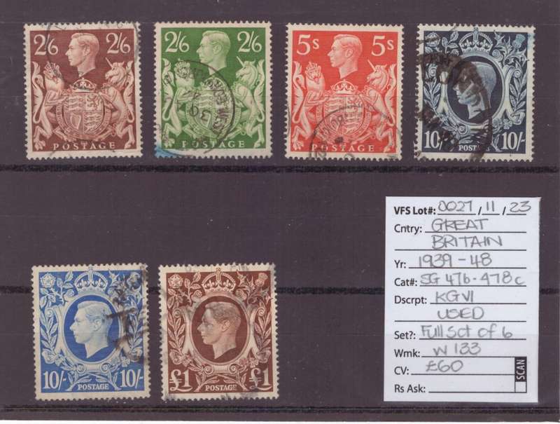 Great Britain Stamps, 1939-48, KGVl, USED, SG 476-478c, full set of 6, CV £60/R1440, AskR360