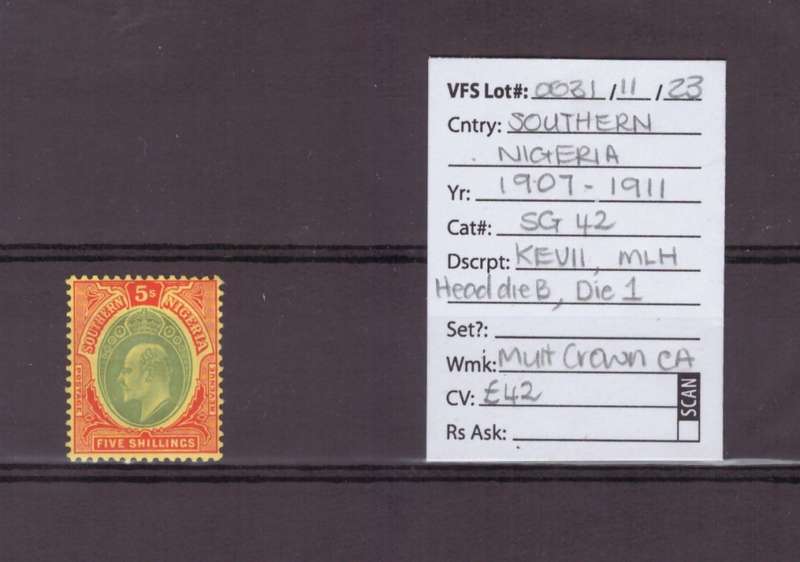 Southern Nigeria Stamps, 1907-11, KEVll, MLH, Head Die B, Die 1, CV £42/R985