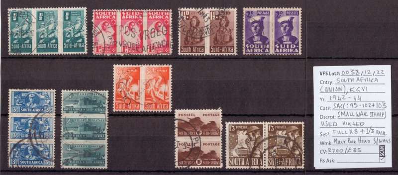 South African Stamps, 1942-44, USED SA War Effort small format, SACC: 95-102 +103, Est R700 Ask R200