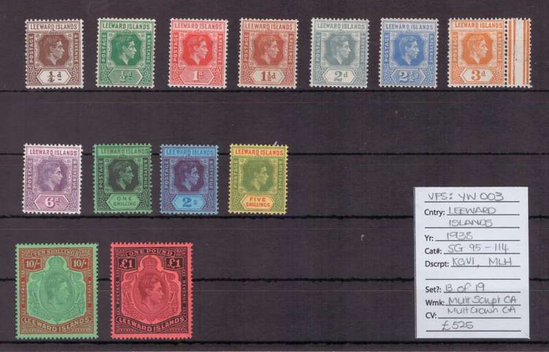 Leeward Islands Stamps, 1938, KGVl, MLH, SG95-114, 13 of 19. Est £525/R12340, Ask R2470