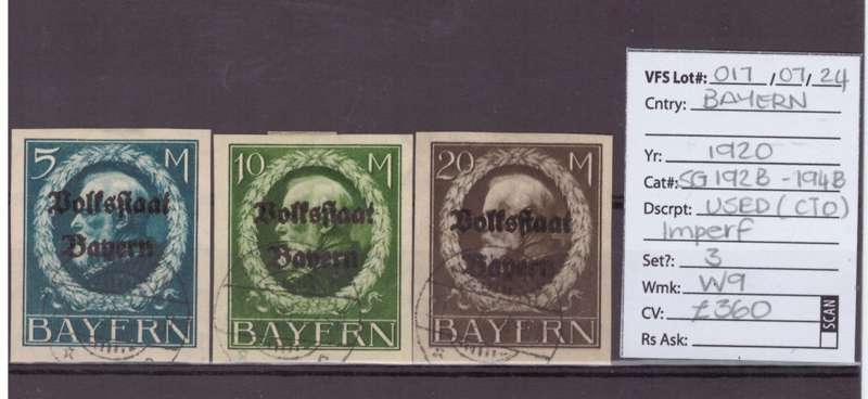 Bayern stamps, 1920, USED (CTO), Imperf, SG 192B-194B, Est £360/R8460 Ask R1000