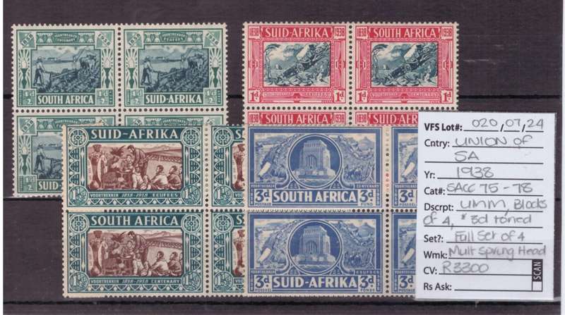 Union of South Africa Stamps, 1938, UMM, SACC 75-78, Blocks of 4, Est R3300 Ask R500
