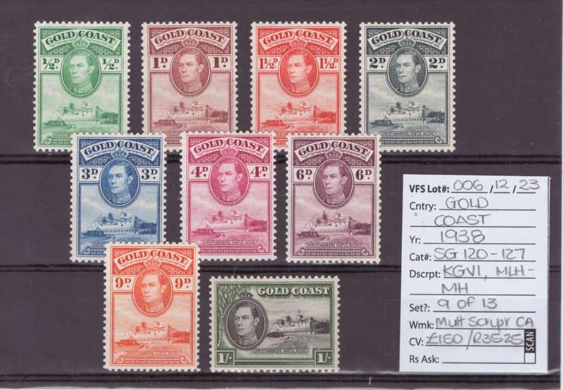 Gold Coast Stamps, 1938, KGVl, MLH-MH, SG 120-127, CV £150/R3525, Ask R700