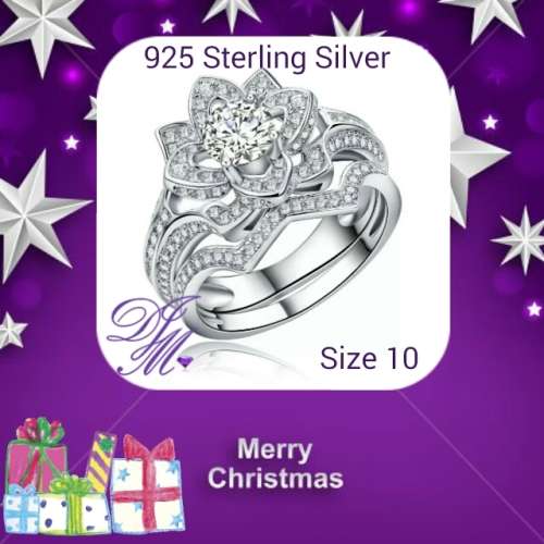 CHRISTMAS SPECIAL Genuine 925 Sterling Silver Lotus Flower Wedding Ring Set ( Size 10 / T )