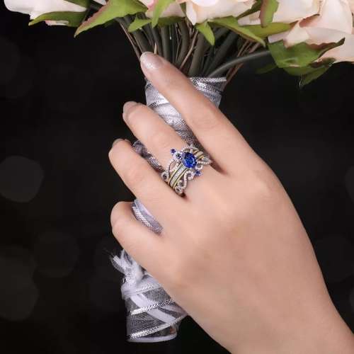 PRINCESS SAPPHIRE 2 PIECE WEDDING SET 925 STERLING SILVER