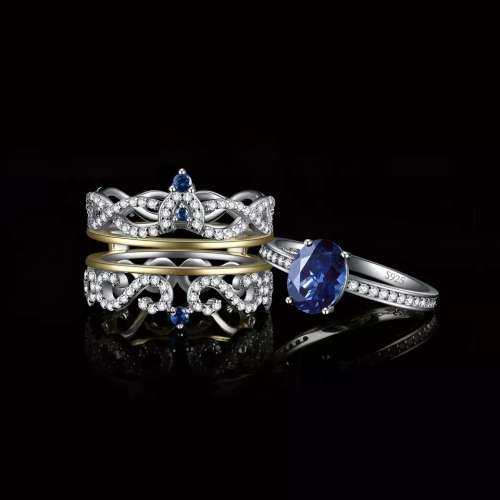 PRINCESS SAPPHIRE 2 PIECE WEDDING SET 925 STERLING SILVER