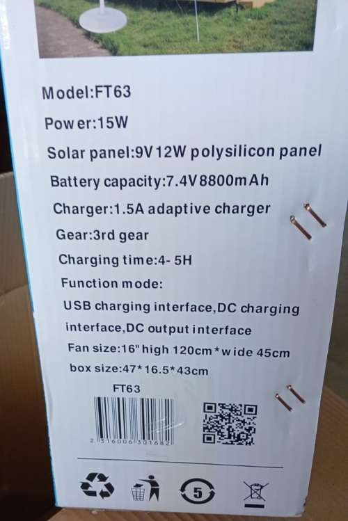 FUSSION 16` SOLAR RECHARGEABLE DESK FAN