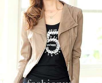 Free Shipping-Fashion Women Faux Leather Jackets Zip-Up Cropped PU Leather Jacket Biker Jacket