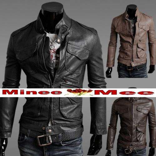 FREE SHIPPING-Fashion Pocket Design Slim Top PU Leather Short Jacket Coat Stand Collar for Men - Two