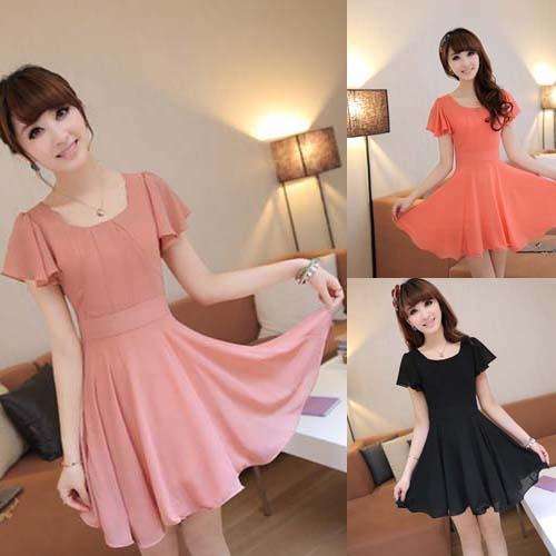 Trendy Elegant Solid Design Short Sleeve Chiffon Dress