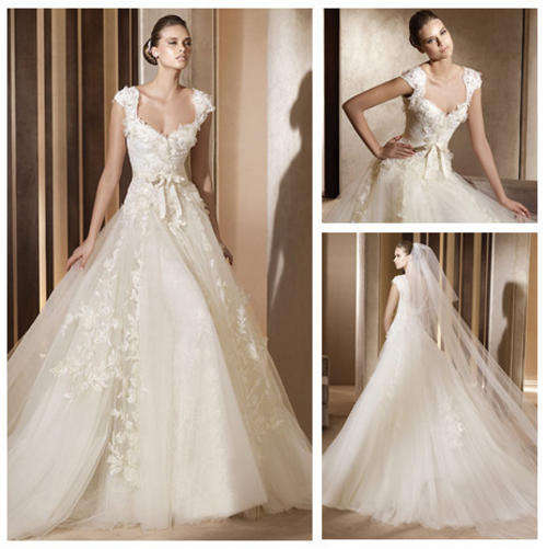 Ivory Lace and Tulle Sweetheart Ball Gown Cap Sleeve Wedding Dress 2013
