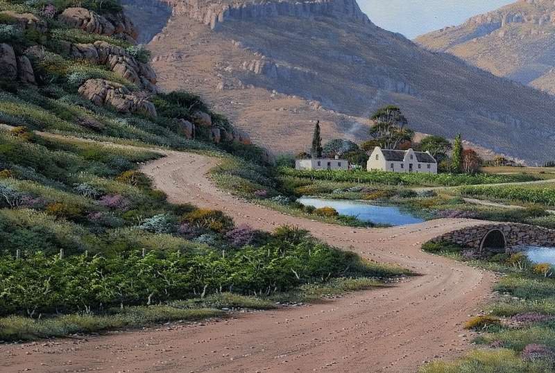  Paul Munro (SA Born) Oil, Mountain Landscape with Cottages, Signed, 60 x 90 - Unframed