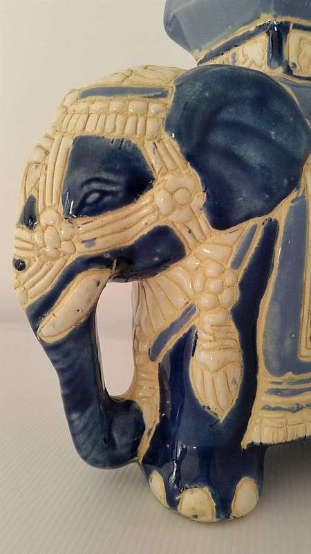 Oriental Ceramic Elephant Pedestal - Blue and White Ornamental Stand - Stunning Colors