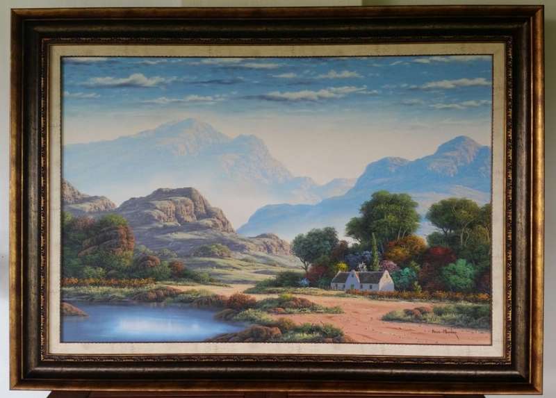 Paul Munro (SA Born) Oil, Mountain Landscape with Cottage, Signed, 60 x 90 (79 x 108 Framed)