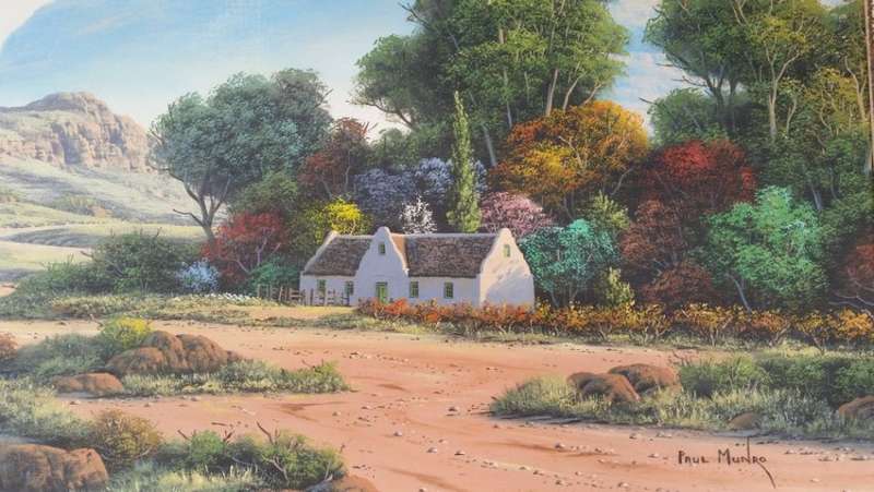 Paul Munro (SA Born) Oil, Mountain Landscape with Cottage, Signed, 60 x 90 (79 x 108 Framed)