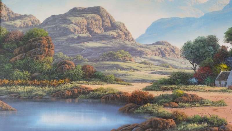 Paul Munro (SA Born) Oil, Mountain Landscape with Cottage, Signed, 60 x 90 (79 x 108 Framed)