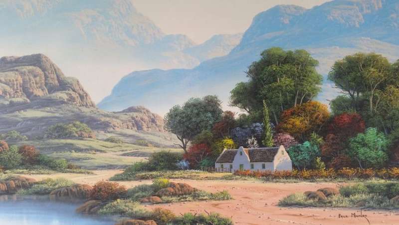 Paul Munro (SA Born) Oil, Mountain Landscape with Cottage, Signed, 60 x 90 (79 x 108 Framed)