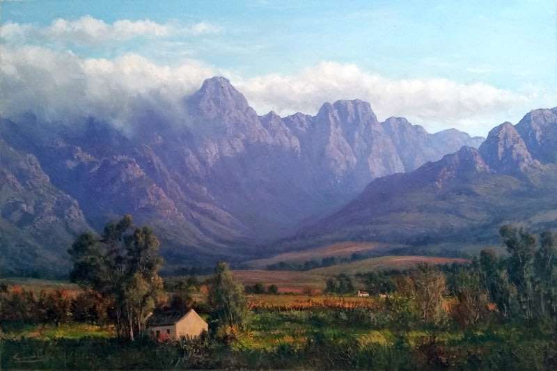 Casey Van Der Leek (SA Born) Oil, Mountain Landscape with Cottages, Signed, 60 x 90 Unframed