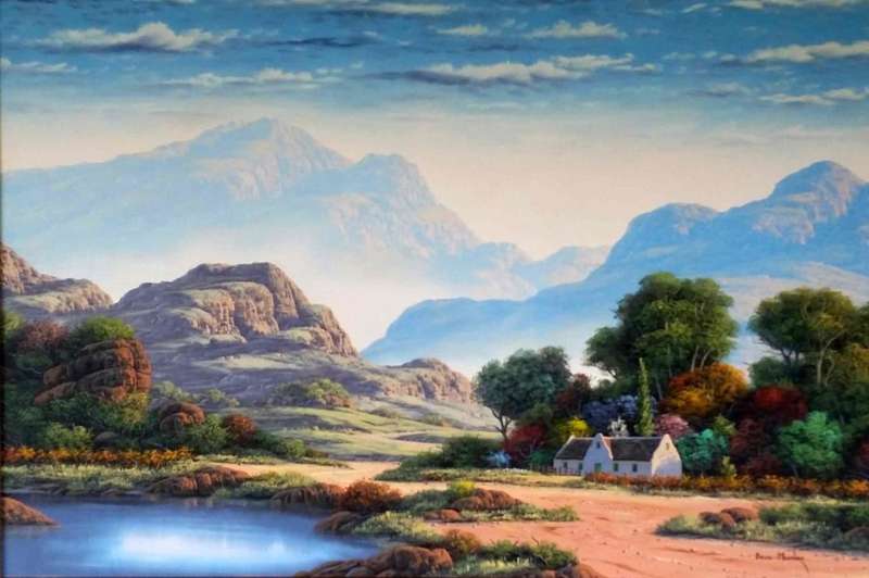 Paul Munro (SA) Oil, Mountain Landscape with Cottage, Signed, 60 x 90 (79 x 108 Framed)
