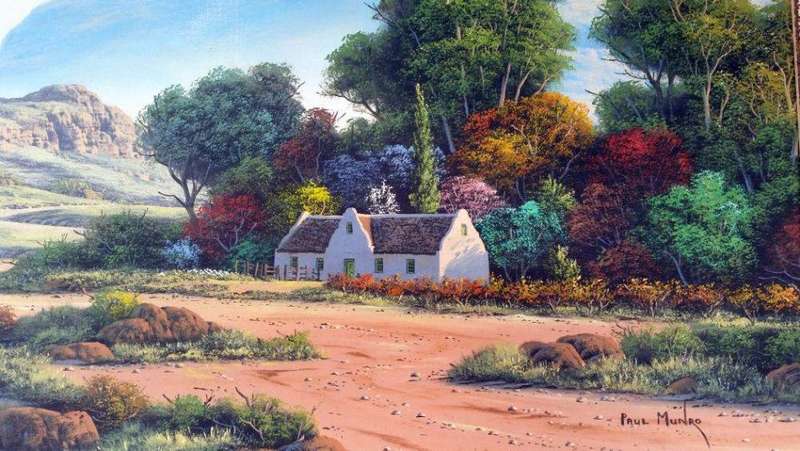 Paul Munro (SA) Oil, Mountain Landscape with Cottage, Signed, 60 x 90 (79 x 108 Framed)