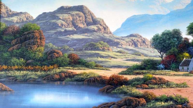 Paul Munro (SA) Oil, Mountain Landscape with Cottage, Signed, 60 x 90 (79 x 108 Framed)