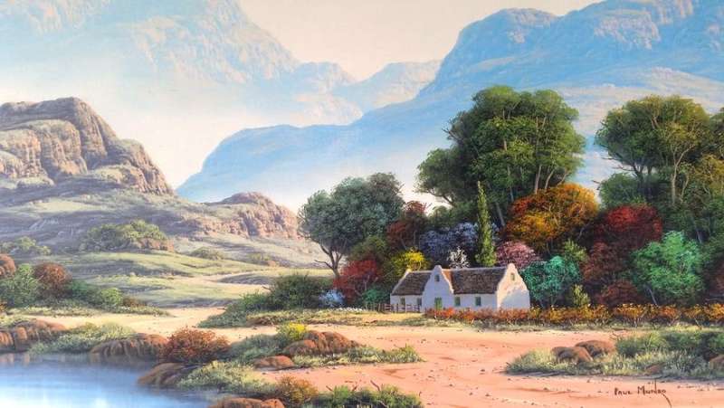 Paul Munro (SA) Oil, Mountain Landscape with Cottage, Signed, 60 x 90 (79 x 108 Framed)