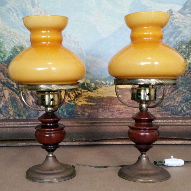 Pair of Bedside Lamps - with Student Style Buff Gold Shades - Wood and Brass Coloured Base