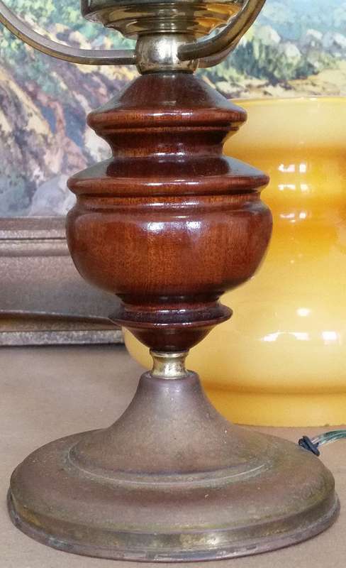 Pair of Bedside Lamps - with Student Style Buff Gold Shades - Wood and Brass Coloured Base